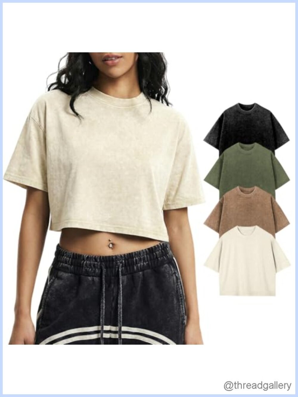 Gihuo Women's 100% Cotton Crop Top Set Acid Wash Crewneck 4-Piece